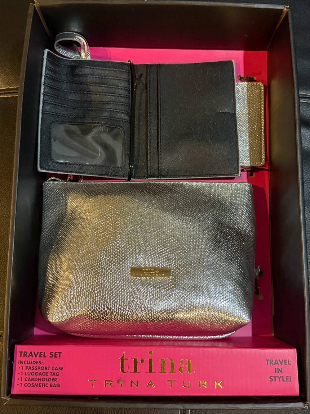 Trina Turk Metallic gold Cosmetic Bag & Travel Set new in the box